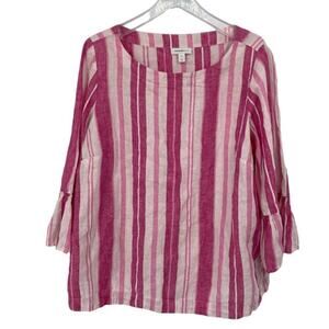 Charter Club Linen Blouse Women's Size 1X Pink Stripe Ruffle Bell Sleeve